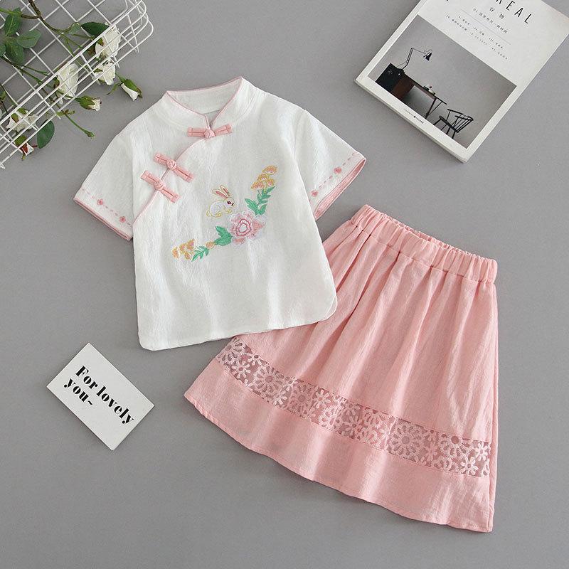 Kız Çocuk Yabancı Stil Retro Çin Stili Hanbok Takımı Küçük Kız Çiğsam Yarım Etek Yaz İki Parça Takım