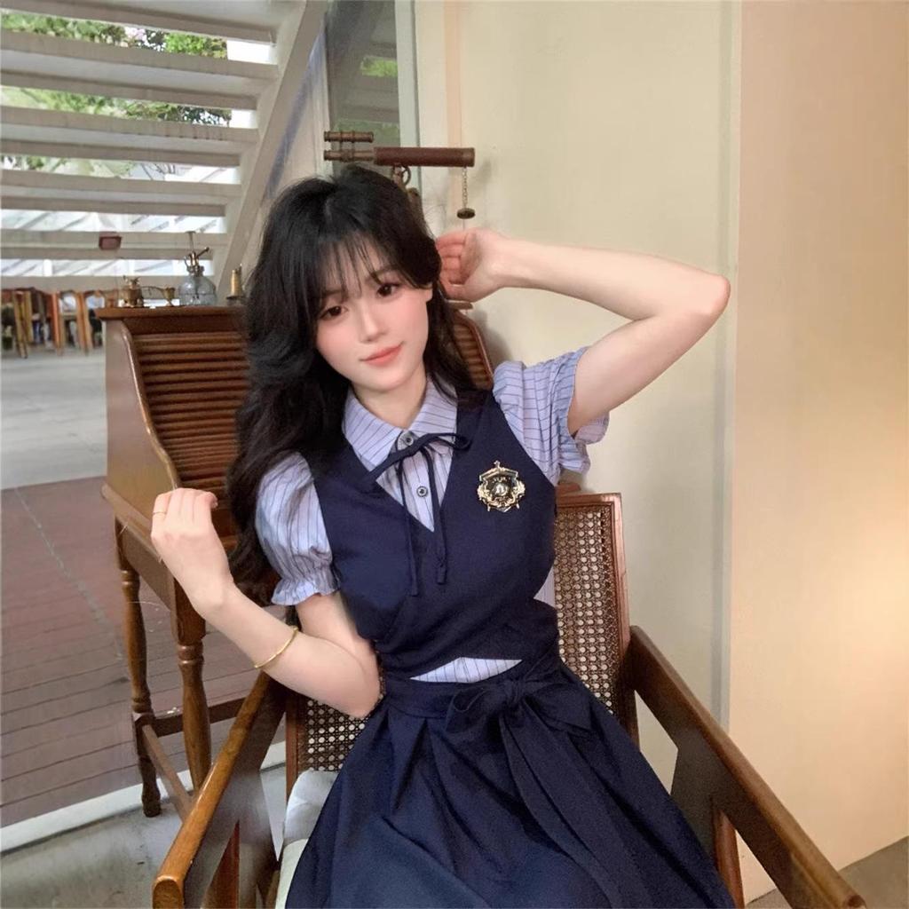 Vestito Primaverile a Finta Due Pezzi con Pizzo e Fiocco Dolce in Stile Coreano per Ragazze Energiche