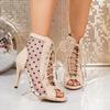 Sweet Heart Embroidery Mesh Super High Heel Sandals  Women Plus Size Sexy Nude Peep Toe Sandals Woman Designer Summer Boots