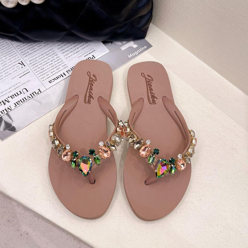 Summer Peach Heart Rhinestone Flip Flops - Women's Casual Beach Flats