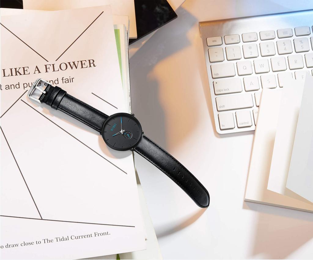 Black Simple Stylish Popular Ranking Black Watch Cowhide Belt Watch O [BUREI] Men's Men's