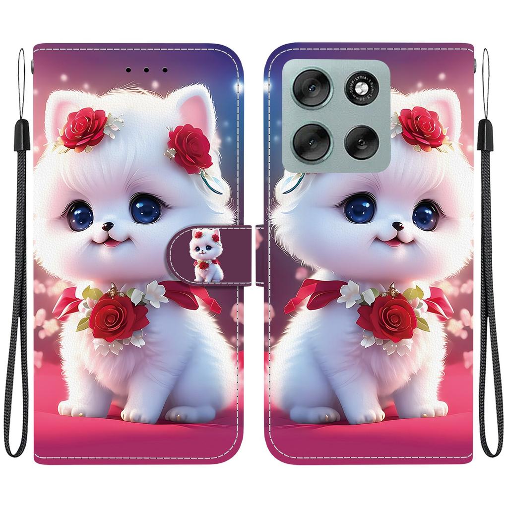 Handmade PU Leather Flip Case for Motorola Moto G56 Anti-Slip Shockproof Cover with Wrist Strap & Heart/Rose Cat Designs