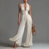 Nieuwe Europese en Amerikaanse Witte Geplooide Halternek Jumpsuit voor Dames, Lange Wijde Pijpen Modieuze Sexy Geplooide Grensoverschrijdende Dames