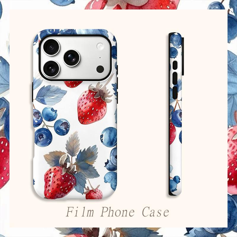 Farm Fresh Watercolor Strawberry Blueberry Fruit Art Graphic Film Aesthetic Protective Shockproof Bumper Phone Case For iPhone 14 15 16 Pro Max Plus