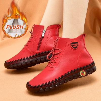 Winter Hand-stitched Women Boots Plus Velvet Warm Platform Ankle Boots Women's High Top Boots Anti Slip Mum Red Leather Boot