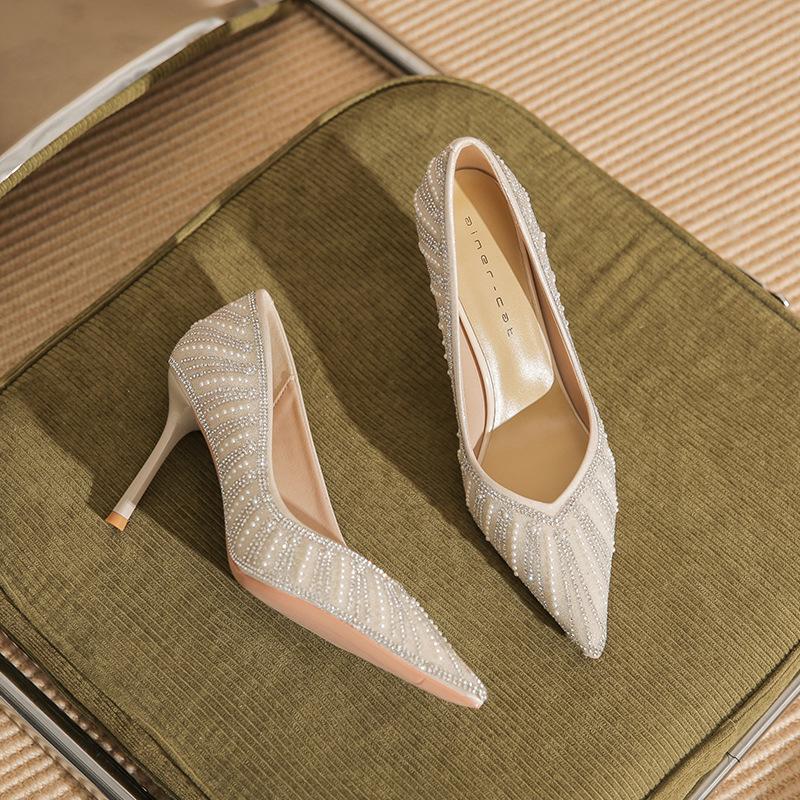 

8867 [sheepskin] high heels women s thin heels 2025 new pointed rhinestone pearl temperament shallow mouth single shoes 39