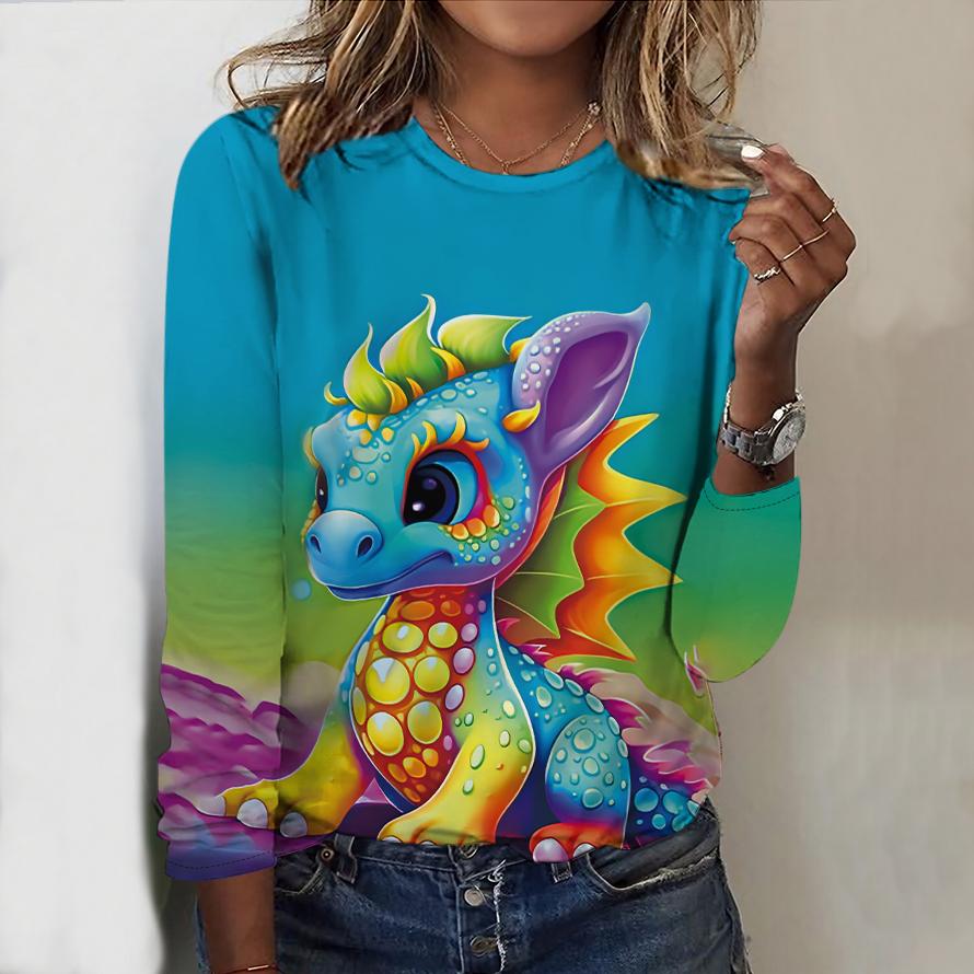 

Топы для женщин, симпатичный принт динозавра, круглый вырез, длинный рукав, футболка, осенний повседневный тонкий пуловер, женский топ с длинным рукавом 8XL синий