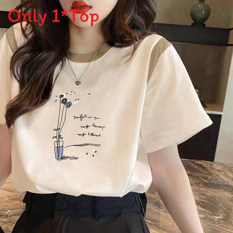 Floral Butterfly Print Short Sleeve T Shirt For Women With Splicing Cotton Relaxed Fit Summer Casual Wear