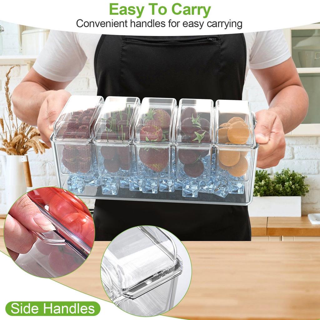 For Ice Chilled Condiment Caddy Serving Tray Container Bar Garnish Holder Salad Platter Server Food Storage with 5 Removable Con