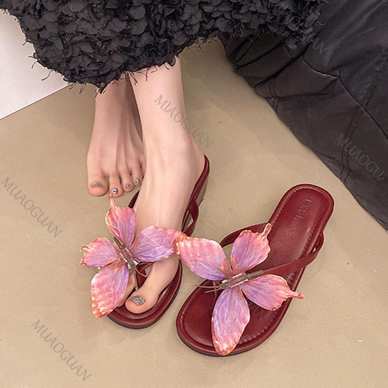 Fashion Butterfly Flip Flops 2025 Summer New 5cm Wedges High-heeled Shoes for Women Fashion Mixed Color Outside Wear Slides Laides Shoes