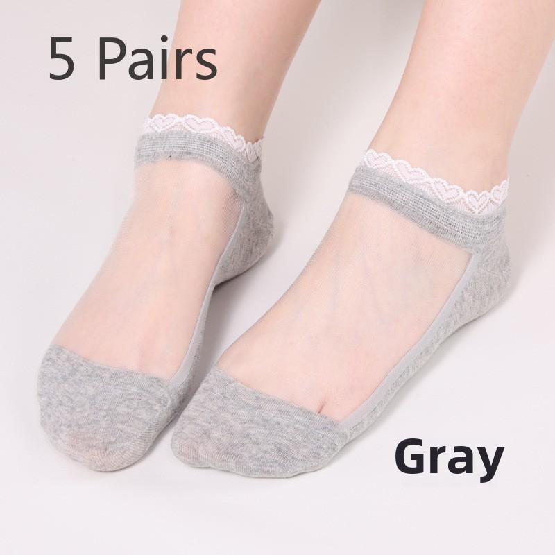 5 Pairs Spring/Summer Love Lace Socks Fashion Transparent Breathable Glass Silk Women's Socks Lovely Feng Shui Crystal Silk Lace Women's Socks