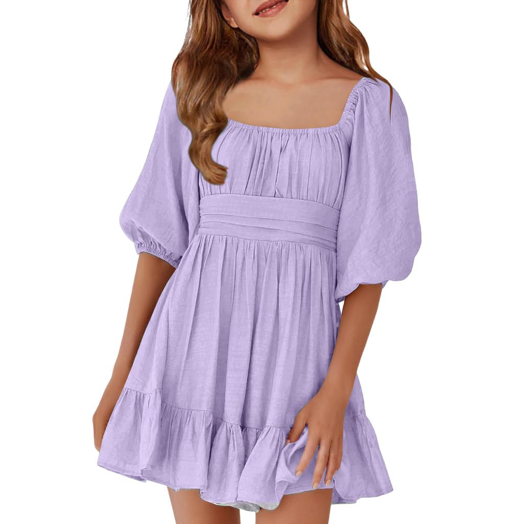Children's Casual Bubble-Sleeve Backless Waist-Tied Bow-Pleated Dress