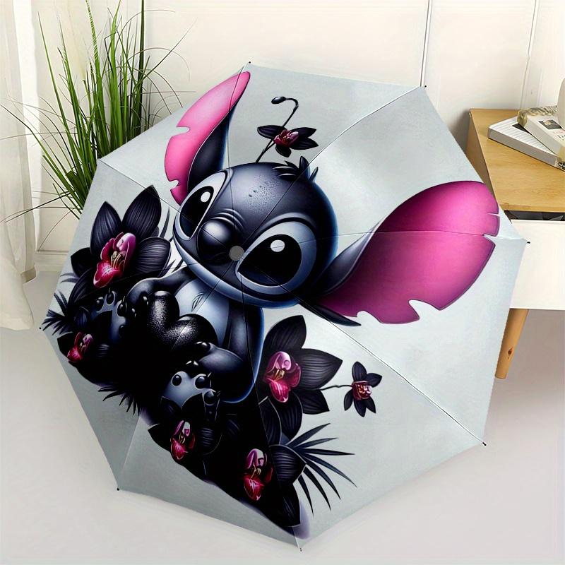 

Stitch, BlackFlowers Themed Automatic opening and closing folding umbrella, 8-rib windproof, compact travel design, suitable for all occasio