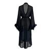 Feather Trim Sheer Mesh Robe for Women Long Sleeve Belted Kimono Robe