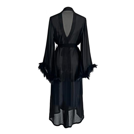Feather Trim Sheer Mesh Robe for Women Long Sleeve Belted Kimono Robe