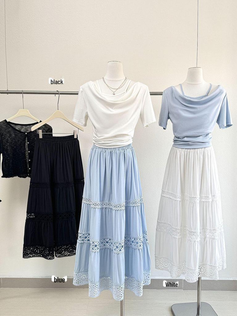 2026 Spring/Summer Patchwork Lace Fairy Midi Skirt with Embroidery and Draping A-line