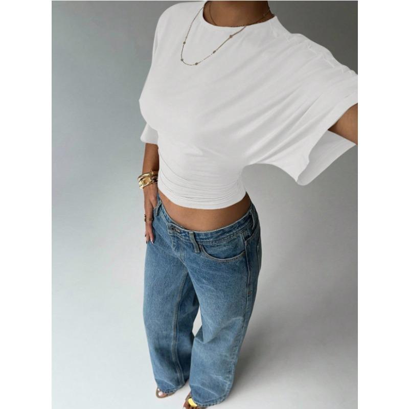 IHUASU Damen Mode Lässig O-Ausschnitt Kurzarm Blusen & Hemden