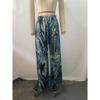 Women's Printed Trousers Casual Drawstring Leaf Printed Straight Leg Trousers