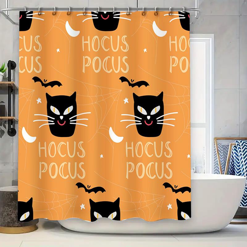 

Hocus Pocus Shower Curtain Halloween Decoration Bath Room Decor Black Cat Spiderweb Printed Polyester Water Repellent Curtains F 90x180cm