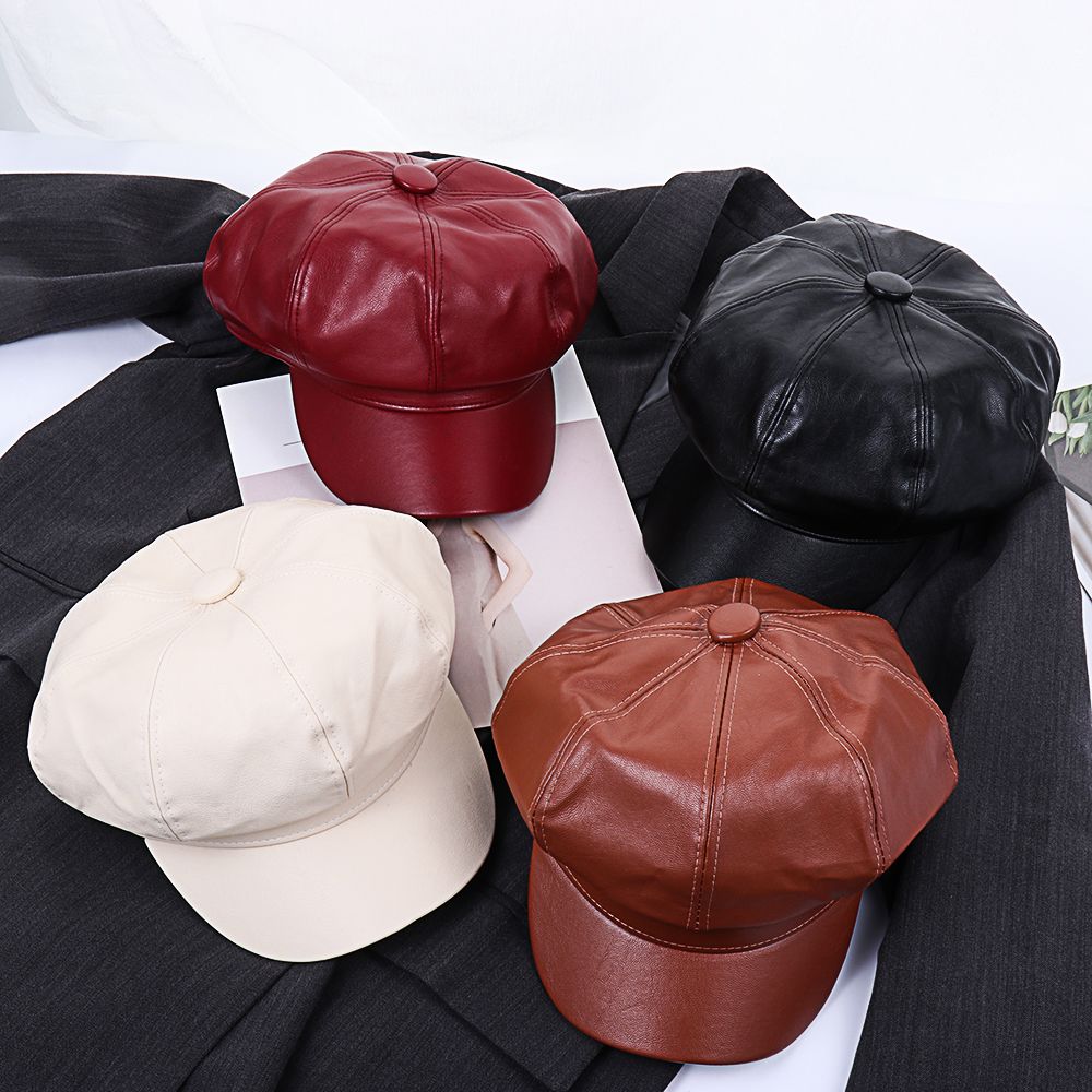 Casual Octagonal PU Leather Solid Color Newsboy Cap Newsboy Hat Beret Hat Peaked Cap