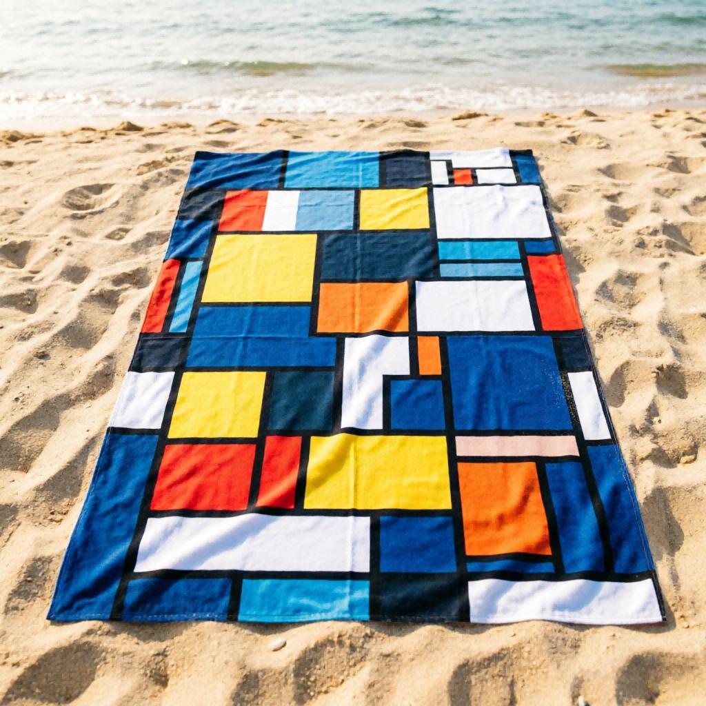 1 ks Velký plážový ručník ve stylu Mondriana, Geometrické barevné bloky, Rychleschnoucí absorpční, Pro použití u moře, bazénu, na piknik