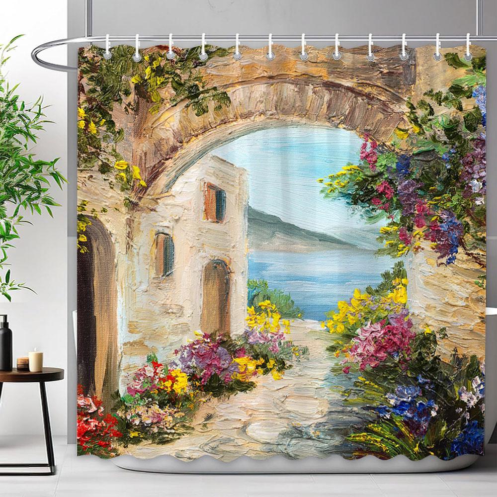 Mediterraner Wald Wasserfall Naturlandschaft Duschvorhang Polyesterstoff Waschbar Badvorhang Badezimmer Dekoration Mit Haken