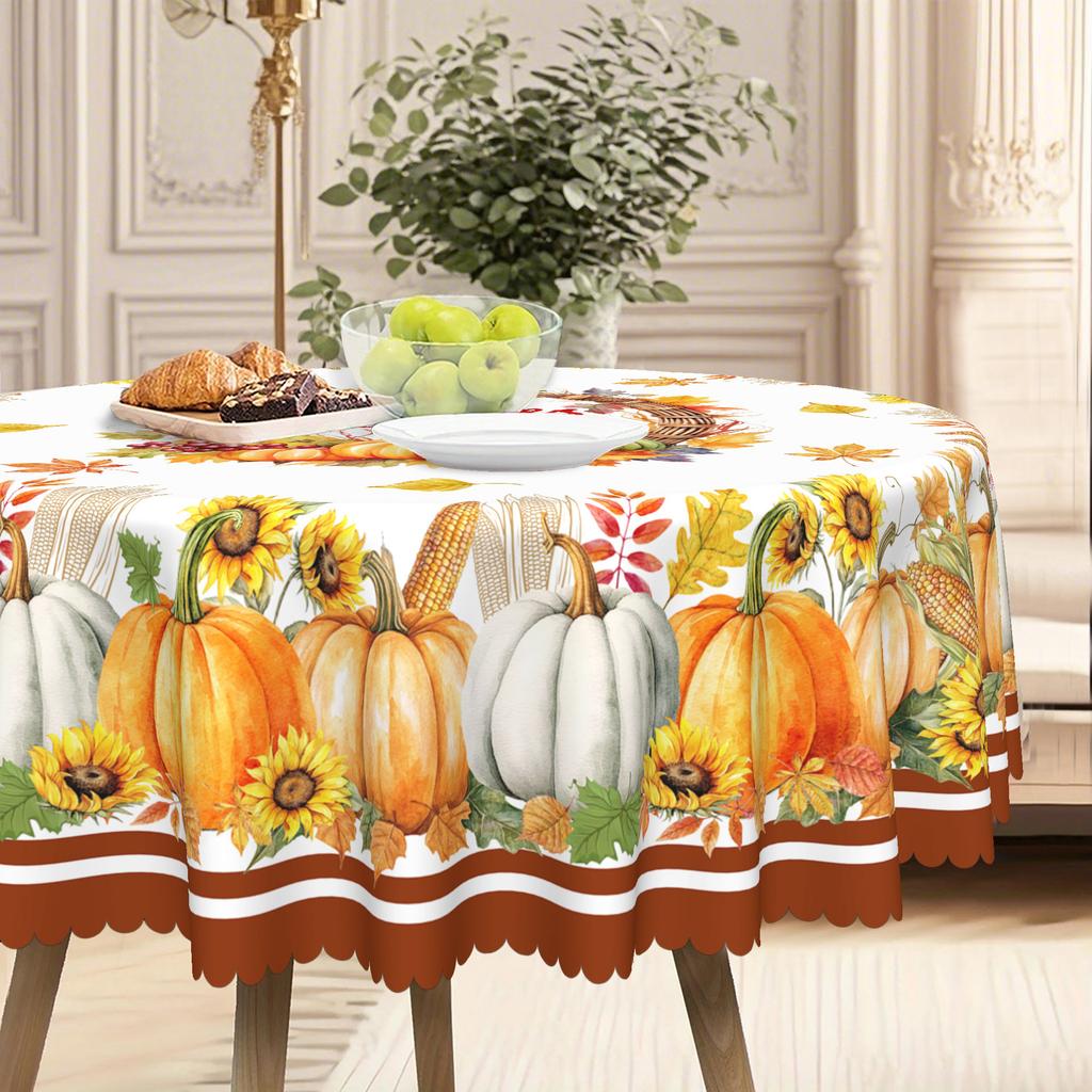 Thanksgiving Table Set Pumpkin Sunflower Tablecloth - Durable Polyester Rectangular Tablecloth With Leaves.