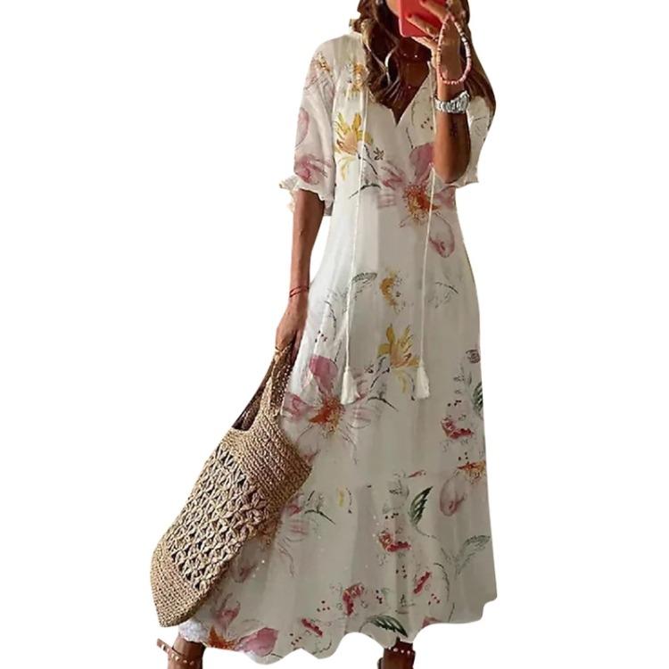 Damen Böhmisches Sommer Strand Swing Maxi Kleid V-Ausschnitt Lang Locker Sonnenkleid Reise