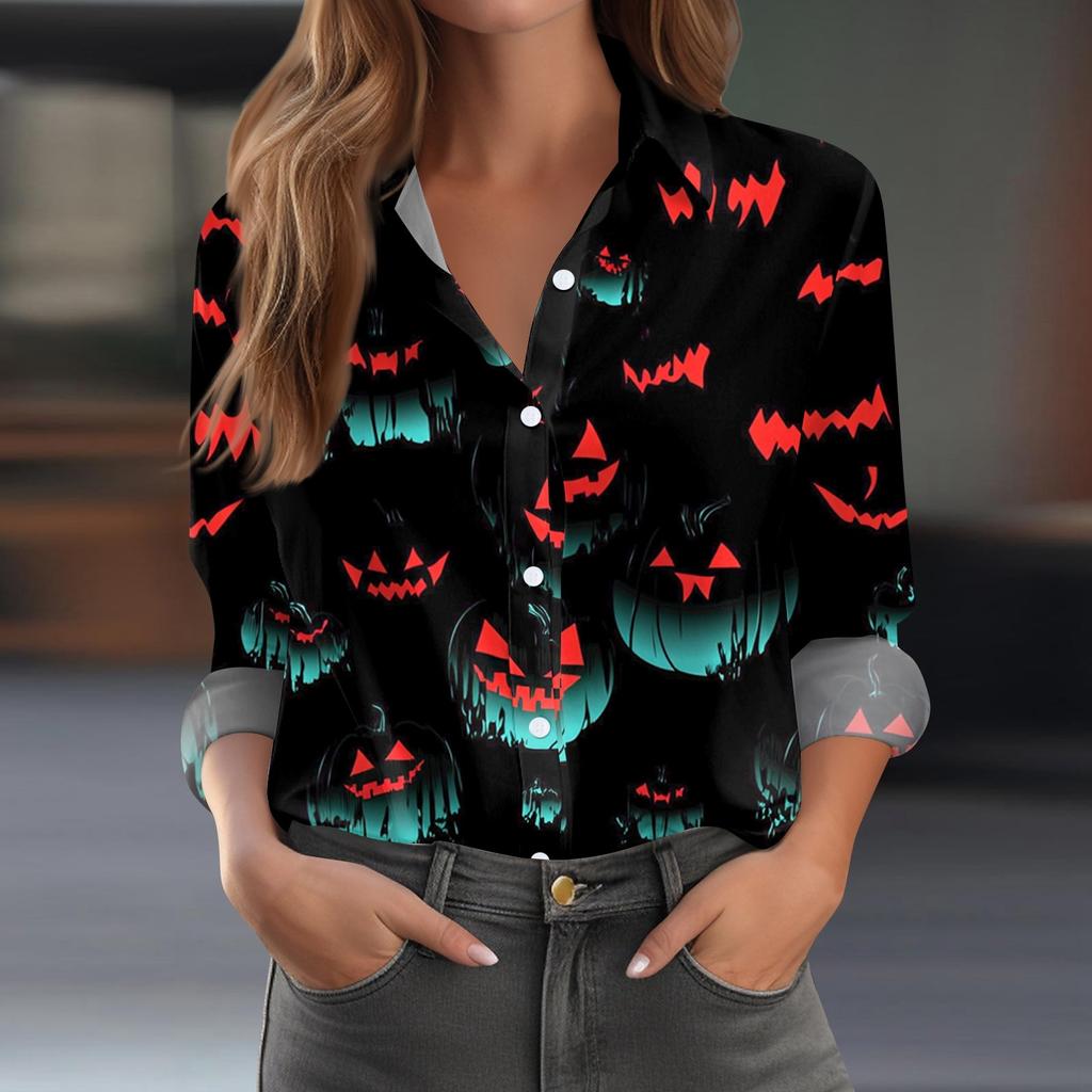 Damen Hemd Bluse Halloween Print Knopf Langarm Lässig Basic Hemdkragen Regulär Top