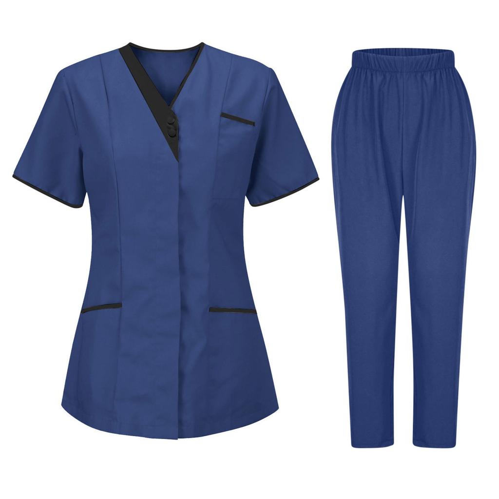 Women's Uniforms Quick Dry Fabrics V-Neck With Pockets Short Sleeves Long Pants Solid Color Workwear Suit