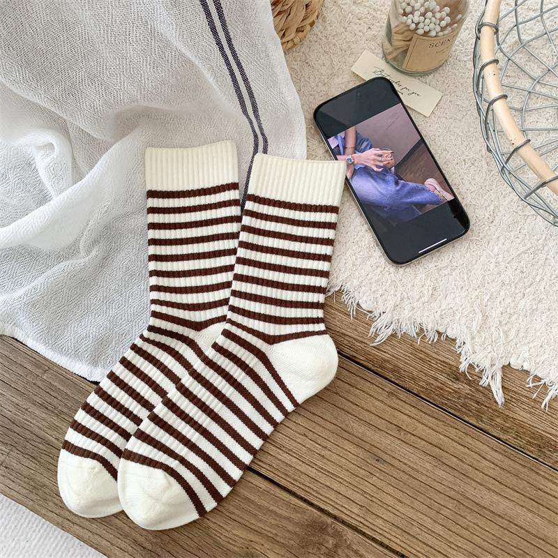 Autumn and Winter Mid-calf Socks for Women, Casual Striped School Style Warm Socks, Comfortable and Soft Pile Socks