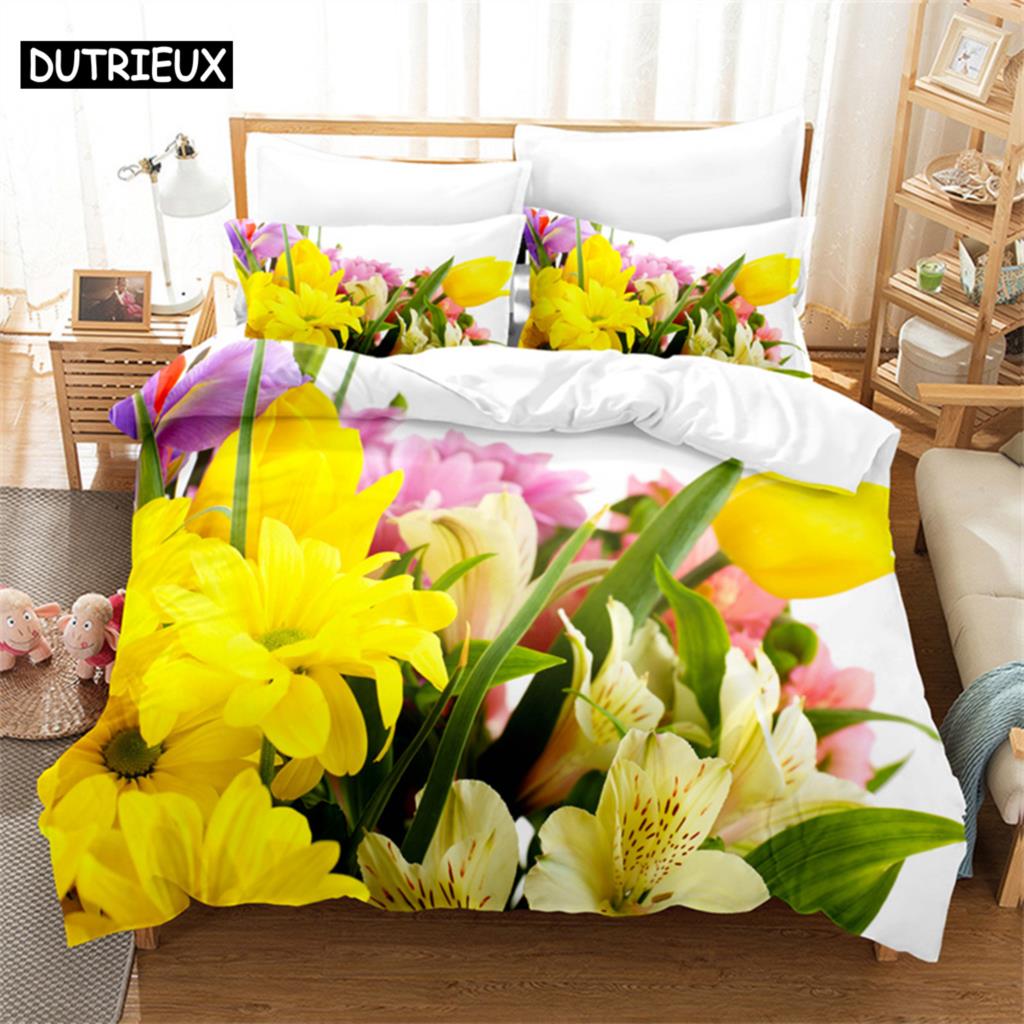 Beautiful Flowers Queen Bedding Set Duvet Cover Kids Bedroom Bed Set Comforter Cover Set King Size Duvet Cover Set Bedding Sets
