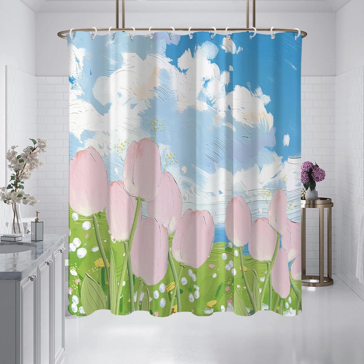 

1Pc Tulip Pattern Printed Shower Curtain, Waterproof, Polyester Woven Fabric, With 12 Hooks, Suitable For Bathroom And Home Use W60H190(CM)-1 Pcs