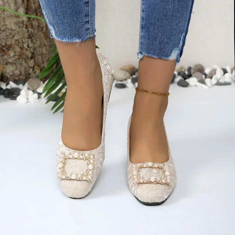 Ladies Shoes  Brand Slip On Women's High Heels Plus Size Dress Pumps Women Pearl Square Button Shallow Low Heel Shoes Women