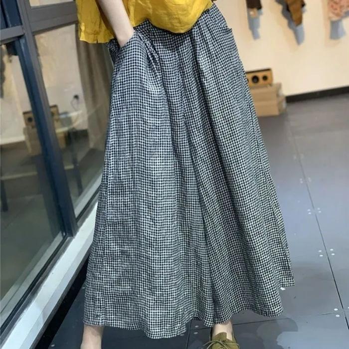 Women's Plus Size Plaid Wide-Leg Skirt Pants - Cotton Linen Blend for Spring/Summer 2026