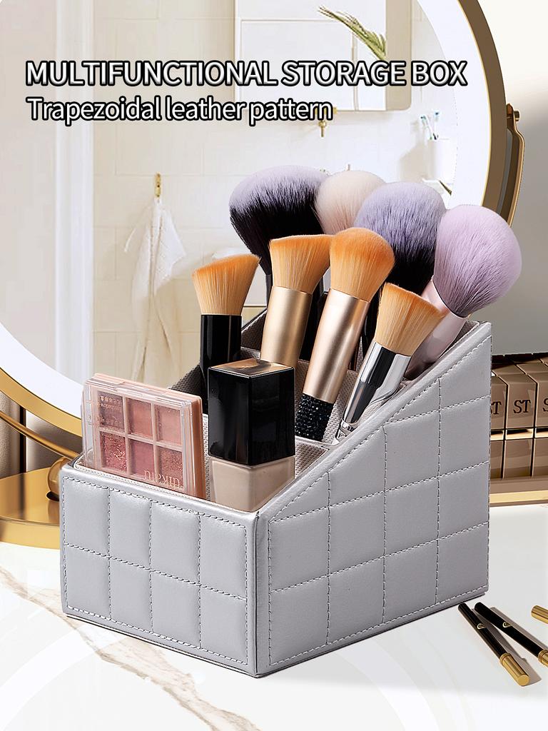 Large-capacity Stepped Makeup Storage Box, Leather Multi-compartment Makeup Brush, Cosmetics Storage Box, Desktop Storage Tool