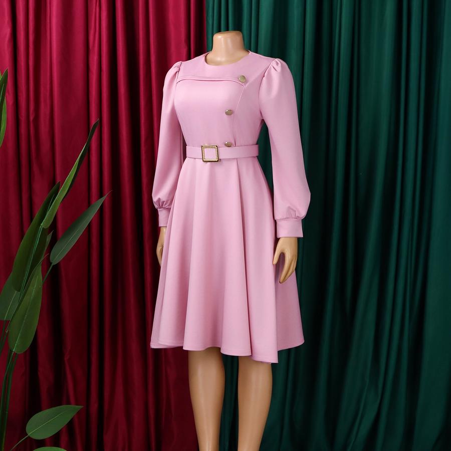 New Style Crew Neck Long Sleeve High Waist A-Line Dress Elegant Party Wear Solid Color  Dress