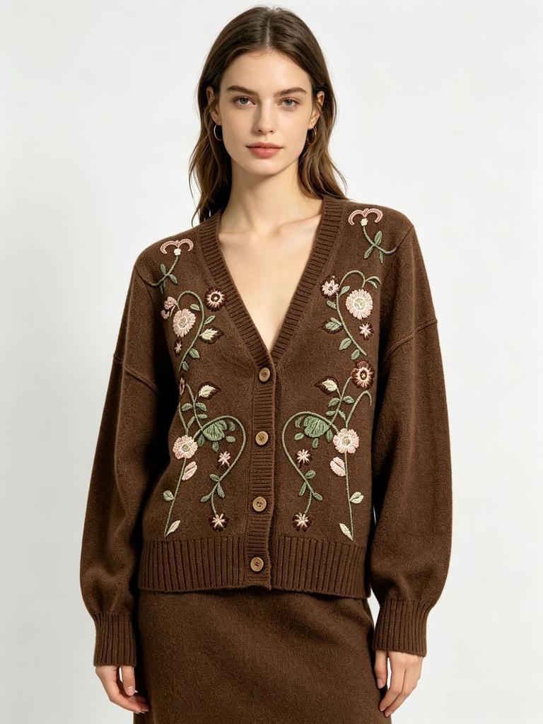 European and American style autumn and winter new heavy industry embroidered beads flower knitted cardigan women's loose v-neck outer sweater