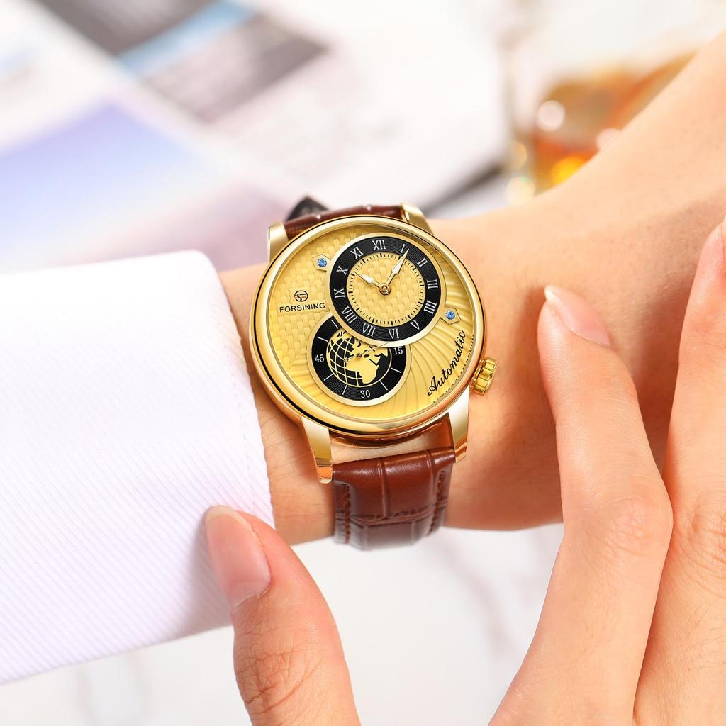 Forsining Men' S Mechanical Watch Fashion Double Dial Automatic Winding Men Wristwatches Sport Genuine Leather Clock For Man