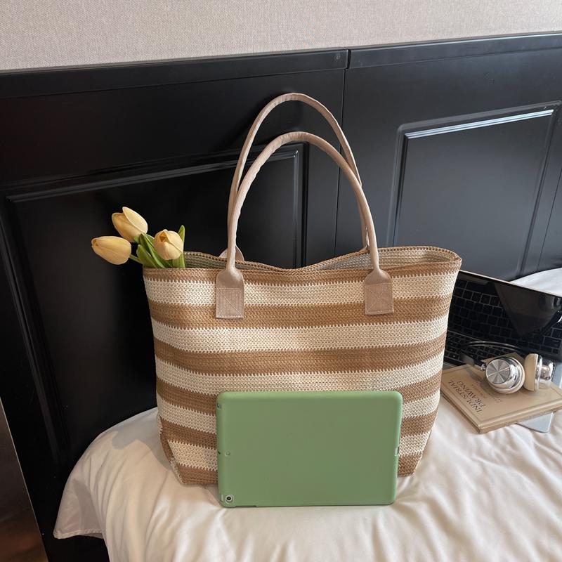 Shoulder Bag Striped Contrast Woven Bag Large Capacity Straw Tote Bag