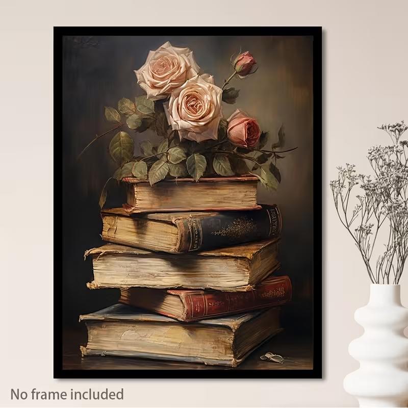 Unframed Vintage Book Flower Design Canvas Poster, Creative Canvas Wall Art, Poster And Print, Artwork Wal (as the picture,20x30cm)