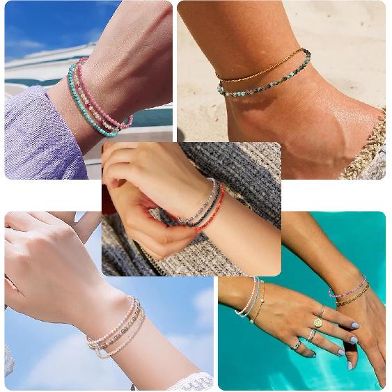 BONNY BOXX Natural Genuine Gemstone Faceted Round Beads Bracelets, 3mm Adjustable Stretchy Tiny Faceted Bracelet, Healing Crystal Reiki Chakra Dainty