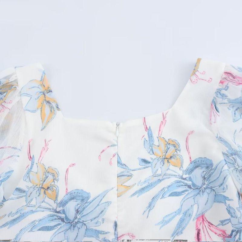 Kaslead New Arrival Women's Fashion Style Casual Simple Chiffon Retro Square Collar Print Long Dress