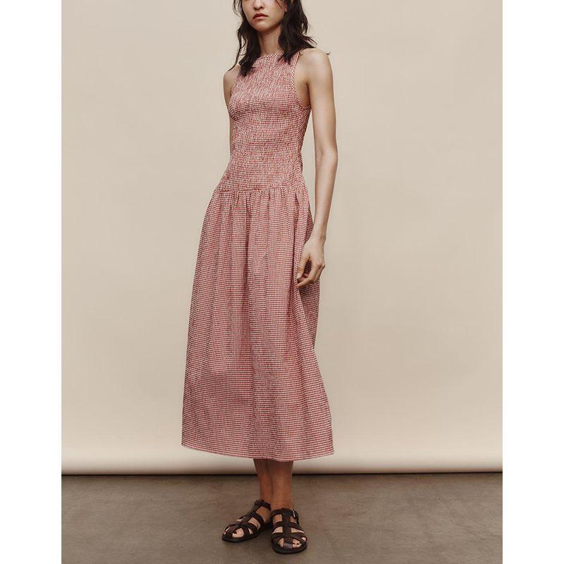 Spring and Summer Women's Clothing Gentle Round Neck Sleeveless Honeycomb Format Stretch Fabric Midi Skirt Dress 3067329