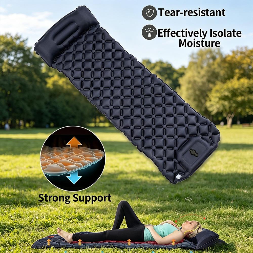 Foot Press Self Inflatable Camping Sleeping Pad with Built-in Pillow, Portable Outdoor Tent Air Mattress for Camping Hiking