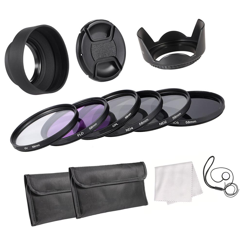 58mm Lens Filter Kit UV+CPL+FLD+ND(ND2 ND4 ND8) with Carry Pouch   Lens Cap   Lens Cap Holder   Tulip & Rubber Lens