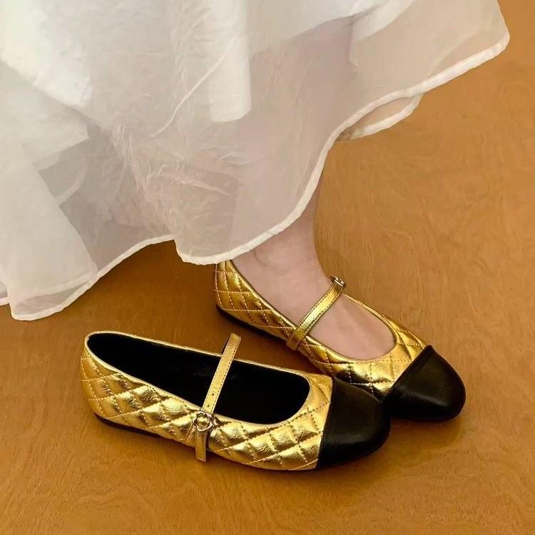 

Flat-Bottomed Small Fragrant Style Color Matching Diamond Single Shoes Women S Spring French Commuter Shoes One-Word Buckle Mary Jane Shoes 35 золотой