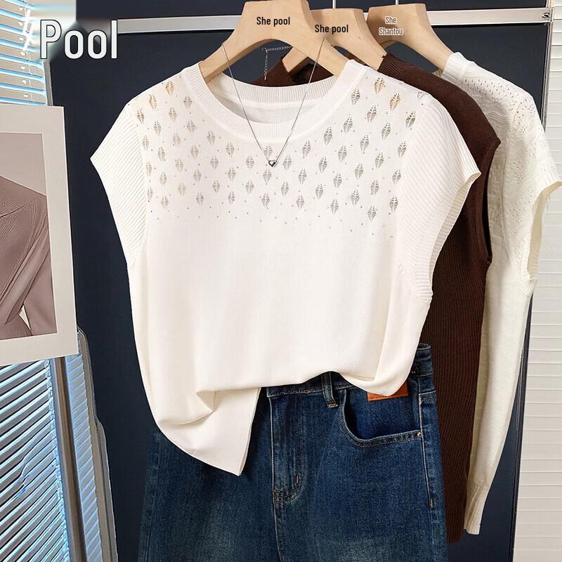 Women s Ice Silk Hollow-Out Knit T-Shirt One Size