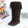 WISH Women's Boots Fringed High Boots Women's Shoes Lace-up Round Head Flat Heel Knee Length Single Boots Women's Shoes