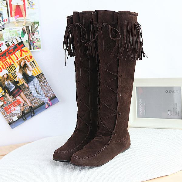 WISH Women's Boots Fringed High Boots Women's Shoes Lace-up Round Head Flat Heel Knee Length Single Boots Women's Shoes